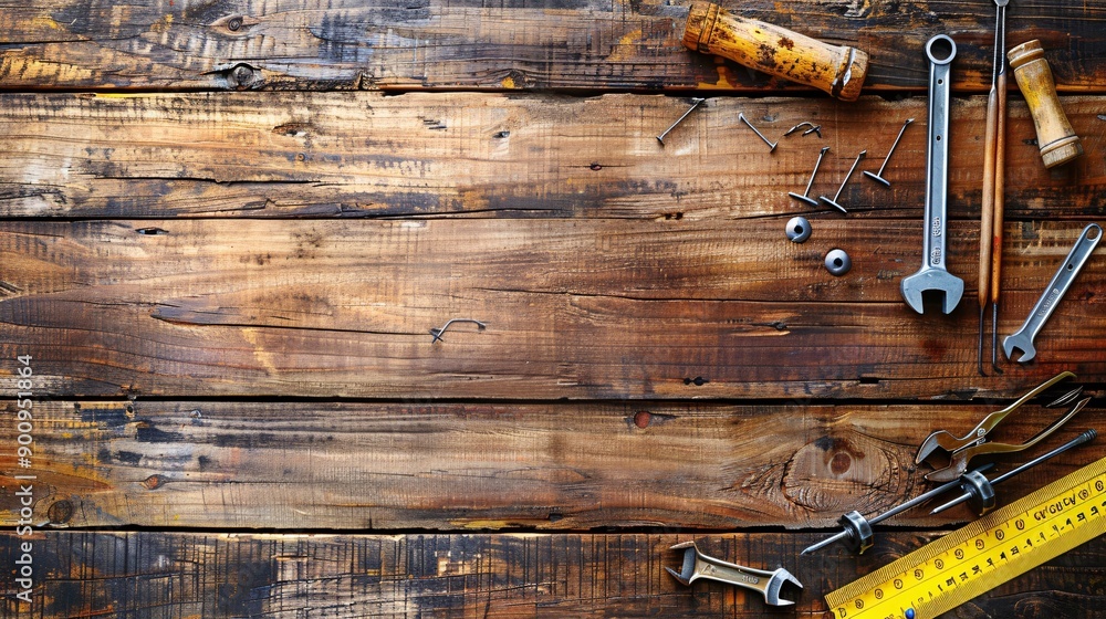 Poster essential tools for construction work laid out in a flat lay including a spirit level measuring tape