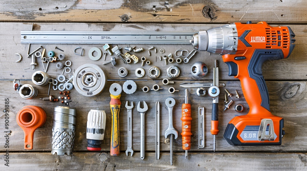 Poster neatly arranged flat lay of construction tools including a power drill saw and various screws and na