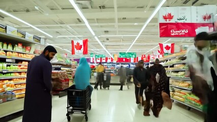 East Indians Shopping in a Canadian Grocery Store Surrounded by Flags Generative AI