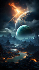 A breathtaking view of an alien landscape, featuring glowing mountains, a shimmering river, and a stunning view of multiple planets in a star-filled sky.