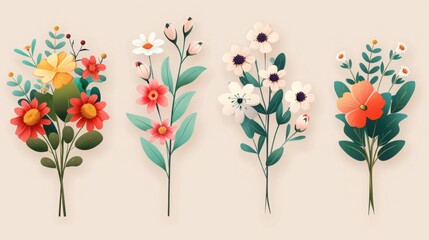 A collection of vibrant floral arrangements showcasing various colorful flowers and green leaves against a soft background.