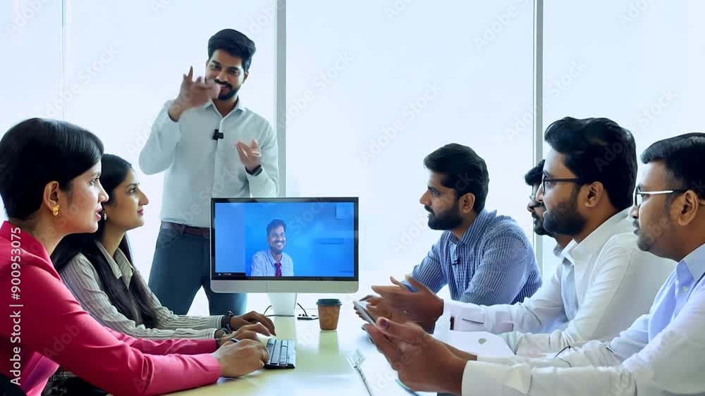 Poster team engaged in virtual meeting with remote presenter in modern office setting generative ai