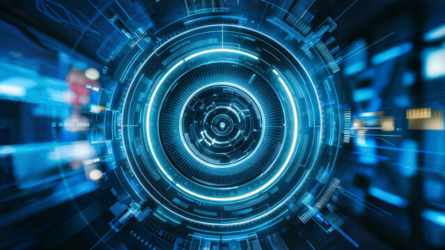 A futuristic digital interface, predominantly in shades of blue.