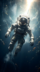 An astronaut floats in a dark abyss with a bright light above. Surrounded by a school of fish, the astronaut seems lost in the void.