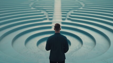 Business man standing In front of maze to finding success of business.
