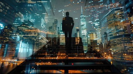 Businessman on stairs, double exposure with New York buildings at night, concept of business achievement and goals
