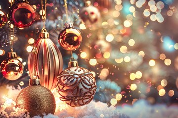 Obraz premium Christmas tree ornament with a festive winter scene, hanging on a tree with lights.