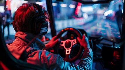 Gamer Concentrated in a Racing Simulation