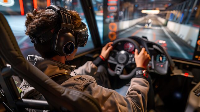 Young Man Immersed in a Virtual Racing Experience