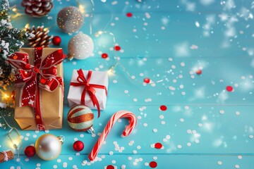 Christmas background with gifts box and decorative holiday decorations. Happy New Year and Merry Christmas