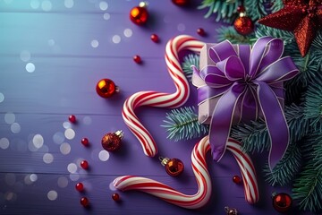 Christmas background with gifts box and decorative holiday decorations. Happy New Year and Merry Christmas