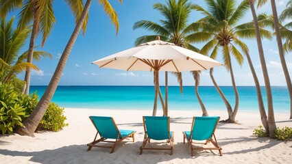 A serene beach scene featuring two lounge chairs and a straw umbrella under a clear blue sky. Perfect for themes of relaxation, vacation, and tropical destinations.
