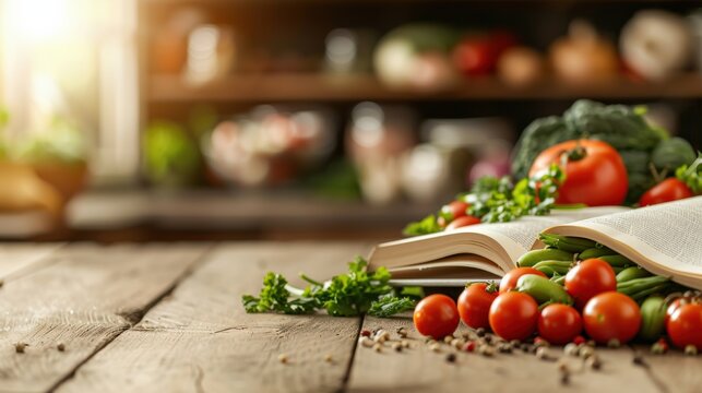 Fresh vegetables and an open cookbook on a wooden table, capturing the essence of healthy cooking and culinary inspiration.