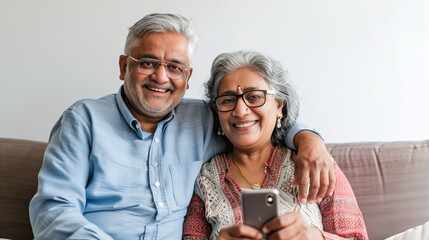 Indian older couple sitting on sofa seeing smartphone with smile