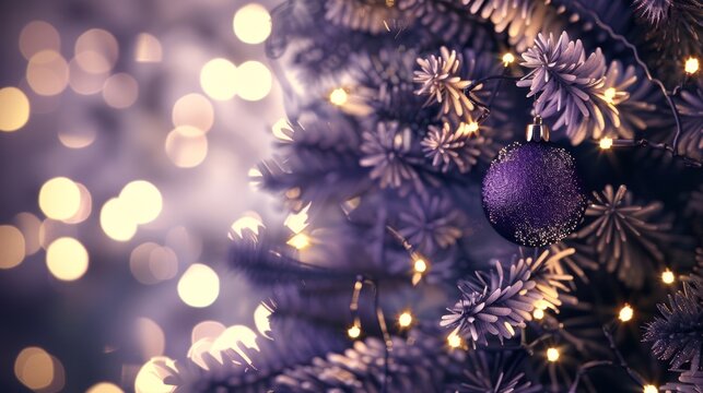 Christmas decorations with gold and purple balls and pine cones with lights in the background.