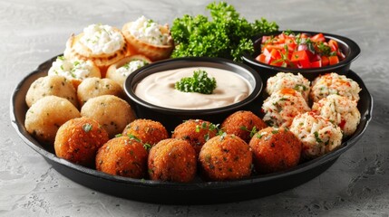 Fototapeta premium Delightful Fish Ball Platter with Flavorful Assorted Dips for a Perfect Party Appetizer Spread