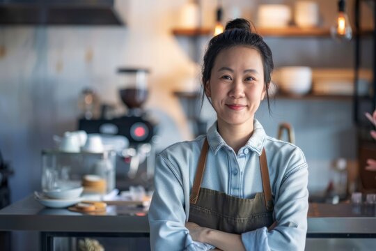 Portrait of an Asian FnB business owner in a cafe, Generative AI