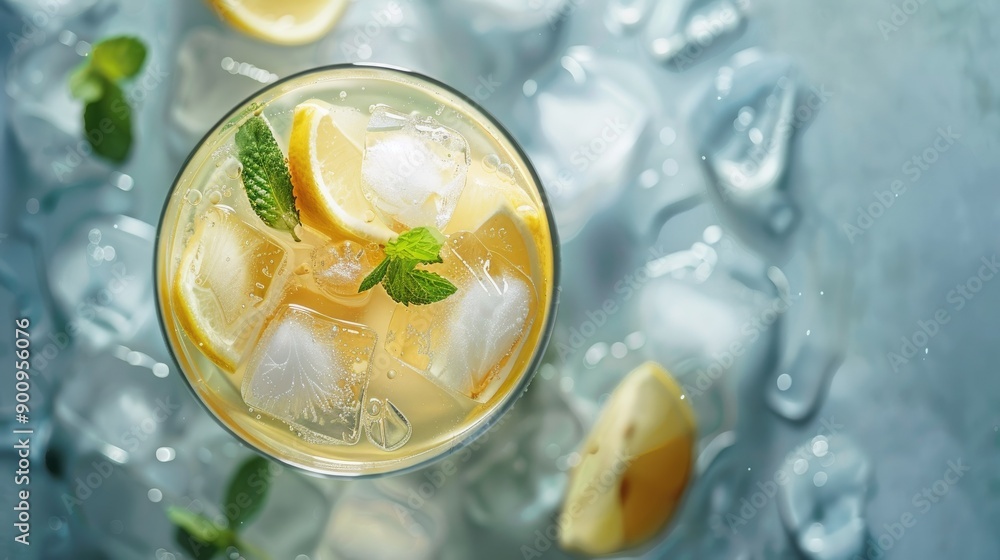 Poster Refreshing lemon soda with ice and honey, top view, cool and invigorating summer beverage0916f26e204a