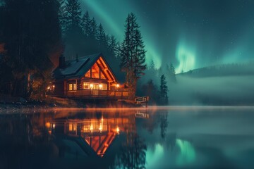 Fototapeta premium Enchanting cabin illuminated by northern lights, reflecting on serene lake in a tranquil forest landscape.