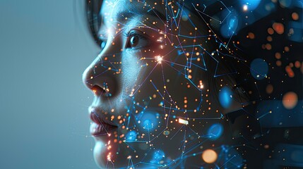 Portrait of woman with VR digital icon projections around her face, innovative technology theme