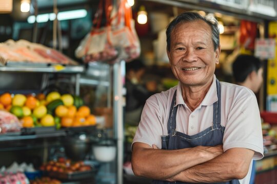 Portrait of an Asian FnB business owner in a market, Generative AI