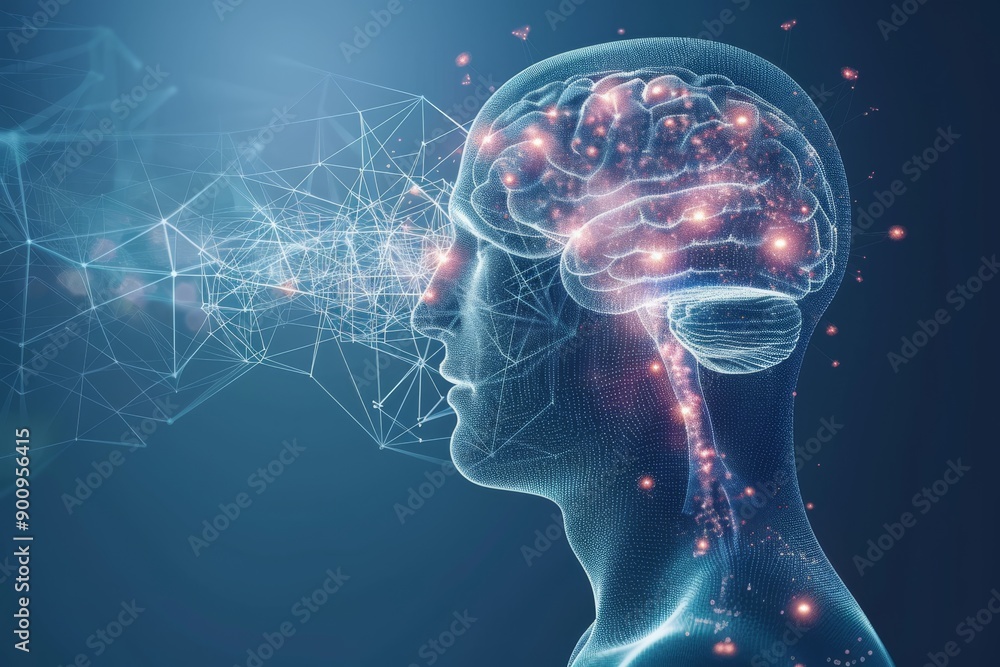 Poster futuristic digital rendering of a head with glowing neural connections symbolizing cognitive process