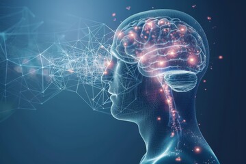 Futuristic digital rendering of a head with glowing neural connections symbolizing cognitive processes and technology in a vibrant and dynamic style