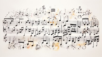A collection of hand-drawn musical notes and symbols arranged artistically on a pristine white background, showcasing different note types such as whole notes, 