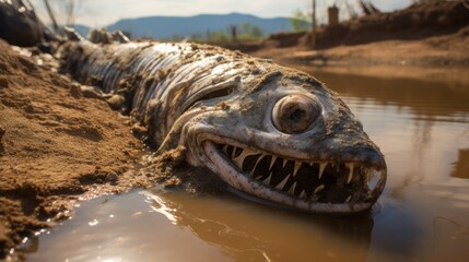 Fototapeta premium A close-up of a dead fish submerged in a contaminated river, with signs of chemical spill and trash in the water