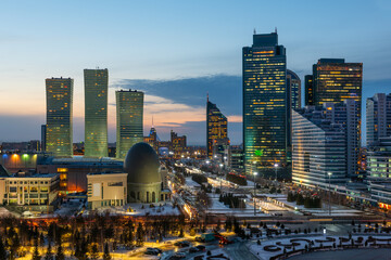 Obraz premium Aerial view of the central part of the capital of Kazakhstan, Astana city on a winter evening