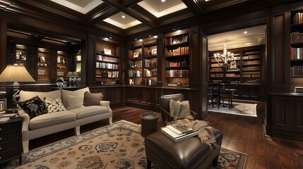 Luxurious Library Interior with Dark Wood Paneling