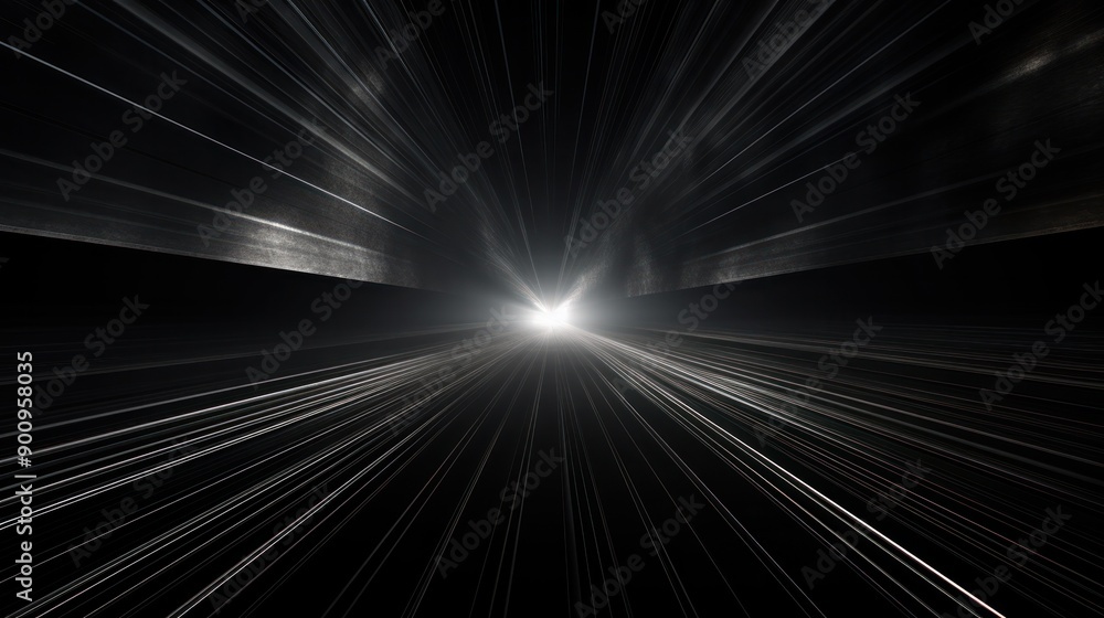 Poster abstract image of converging metallic lines creating a sense of depth and dynamic movement, with lin