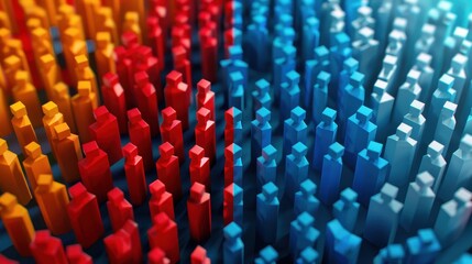 Obraz premium A vibrant 3D illustration showcasing population data with abstract figures in red, orange, and blue, symbolizing demographic statistics.