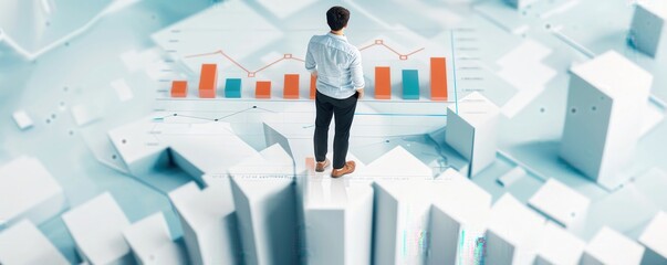 Obraz premium Businessman standing on top of 3D city model looking at graphs and charts, symbolizing data analysis and strategic planning.