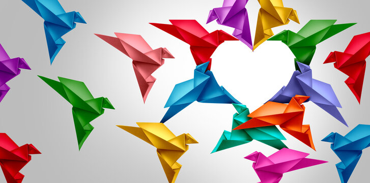 United Diversity and Unity diversity partnership as a heart in a group of diverse origami paper birds connected together as a support symbol expressing the feeling of teamwork and togetherness.