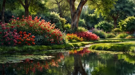 A watercolor painting of a tranquil garden, lush greenery, vibrant flowers, and a small pond. Soft, flowing lines, bright and varied colors. Gentle sunlight filtering through trees, 