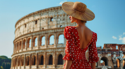 A woman in a red polka dot dress and straw hat stands in front of the Colosseum in Rome.