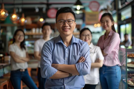 Portrait of an Asian FnB business owner with staff, Generative AI