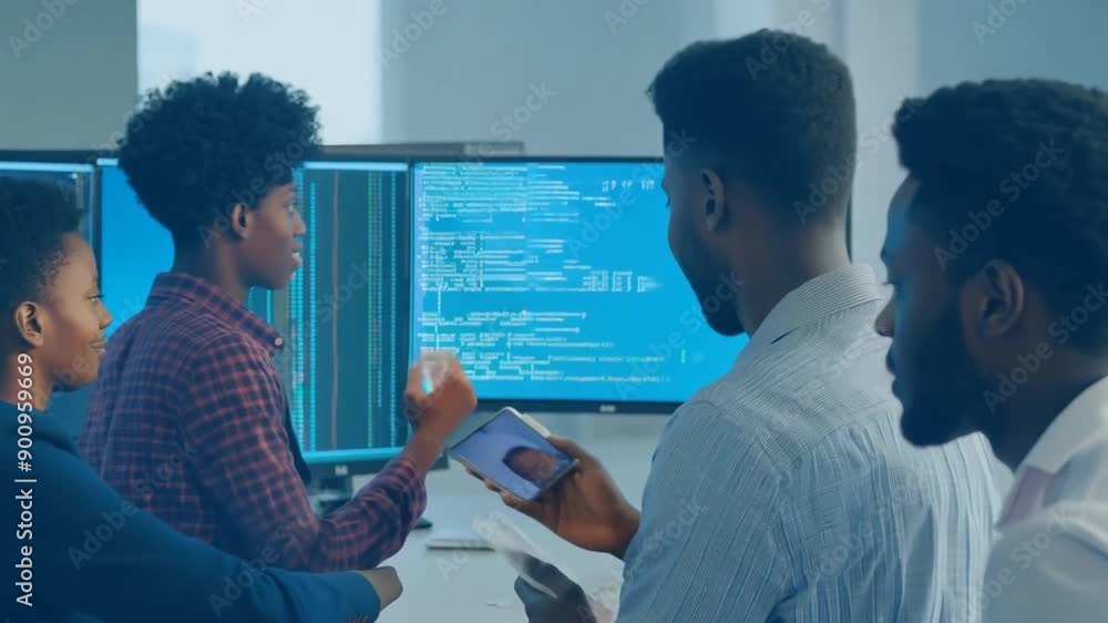 Poster software engineers collaborating on code review with senior developer in modern office space generat