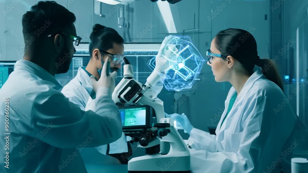 Poster research scientists collaborate on medical data analysis in advanced laboratory setting generative a