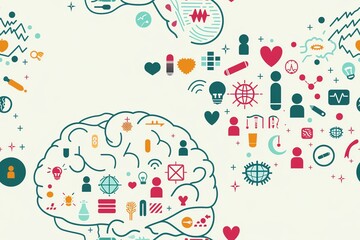 Brain health awareness, stylized brain with positive symbols, flat design illustration