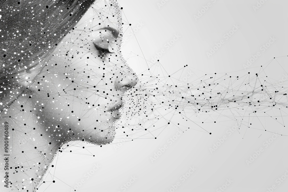 Poster digital portrait of a woman with dissolving particles symbolizing thought dispersion and memory fadi