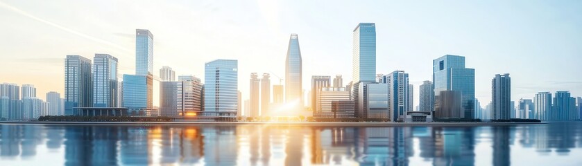 Fototapeta premium Stunning modern city skyline reflecting on calm water during sunrise, showcasing urban architecture and serene atmosphere.
