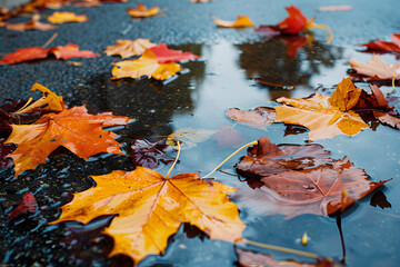 Colorful fall leaves in pond lake water