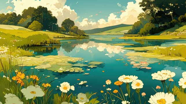 Peaceful Lake Scene with Blooming Flowers
