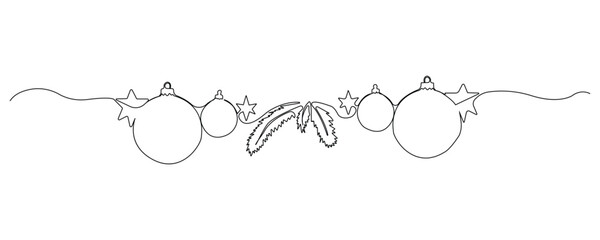 Obraz premium Continuous single-line art drawing of Christmas decorations with ball and stars. Merry Christmas theme line art background.