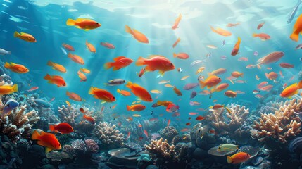 Vibrant underwater scene with colorful tropical fish swimming in a coral reef, illuminated by sunrays penetrating the water.