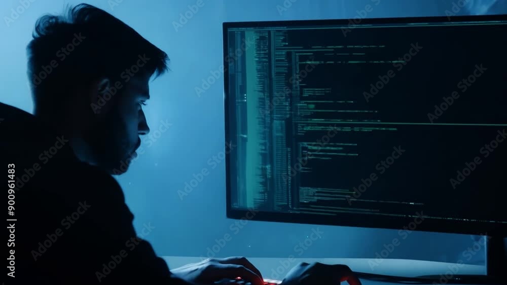 Poster hacker engaged in coding in a dimly lit room generative ai