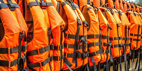 Row of orange and black lifejackets hanging for security, rescue, and help concept, lifejackets, safety