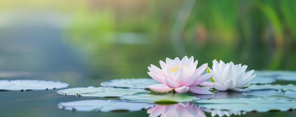 Serene lakeside scene with water lilies and blooming lotus flowers, florals and botanicals, fresh and natural atmosphere